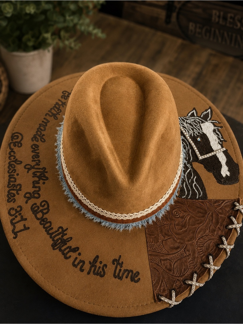 Brown Suede Western Fedora Hat with Horse Accent